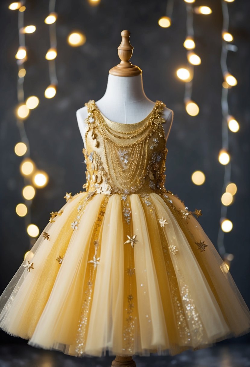 A gold tulle dress adorned with whimsical details, surrounded by sparkles and fairy lights, evoking a magical and enchanting atmosphere