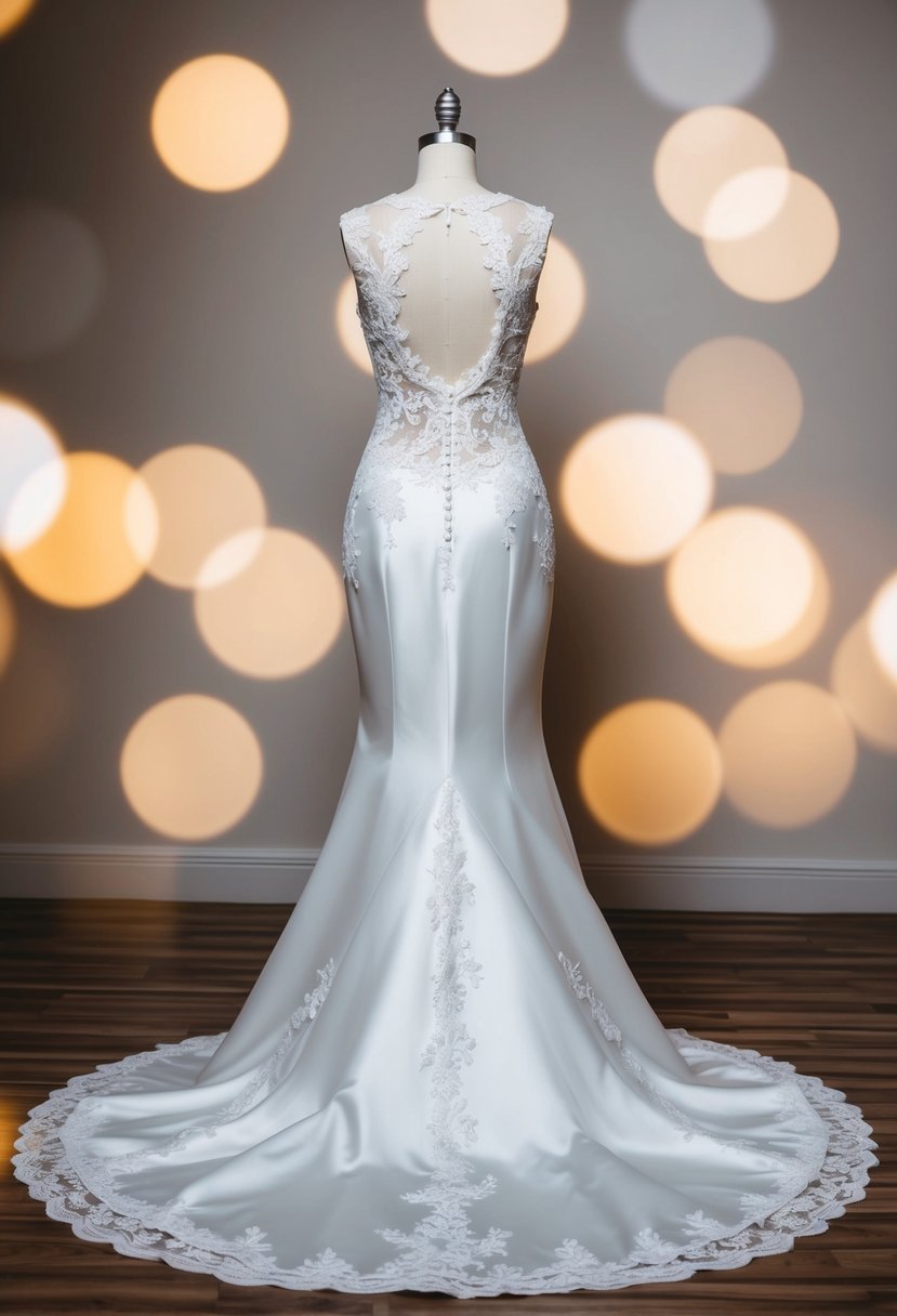 A chic mermaid silhouette wedding dress from the 00s era, featuring intricate lace details and a dramatic train