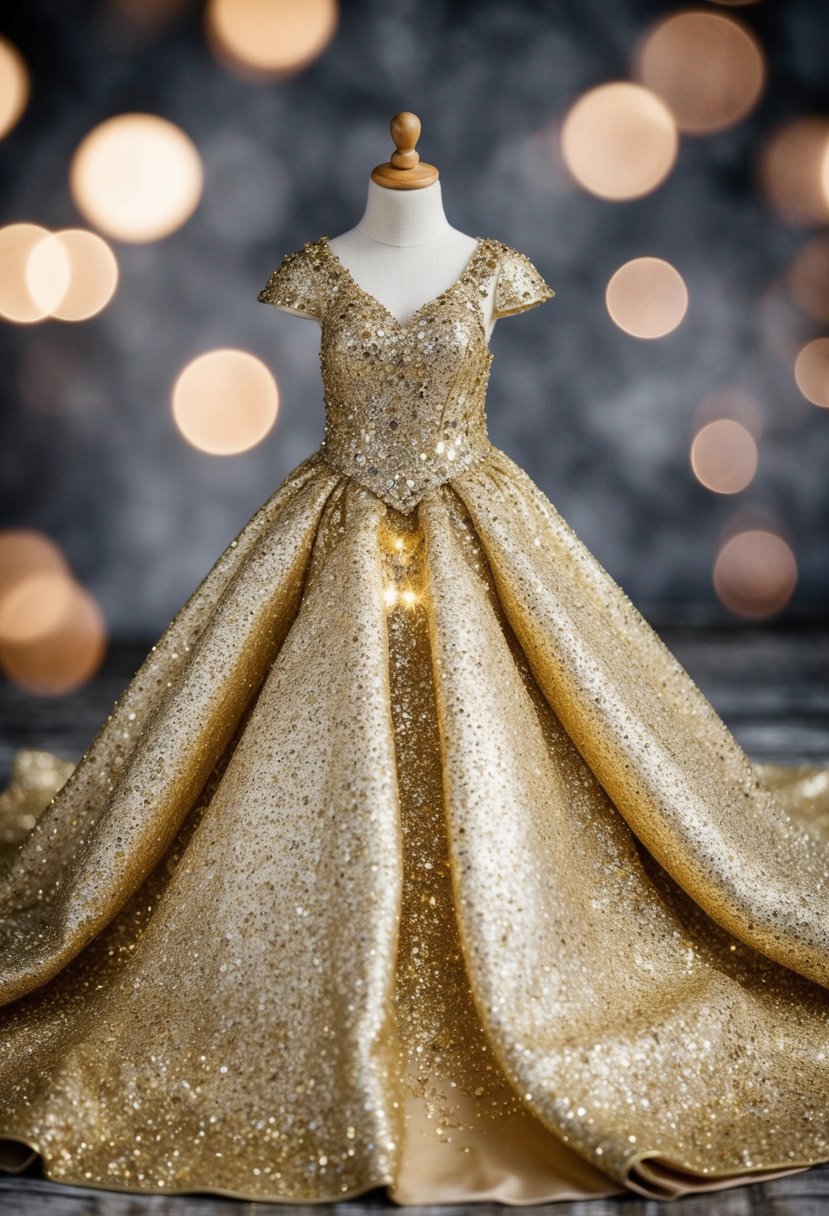 A sparkling gold gown with intricate details and a flowing train, fit for a young princess on her wedding day