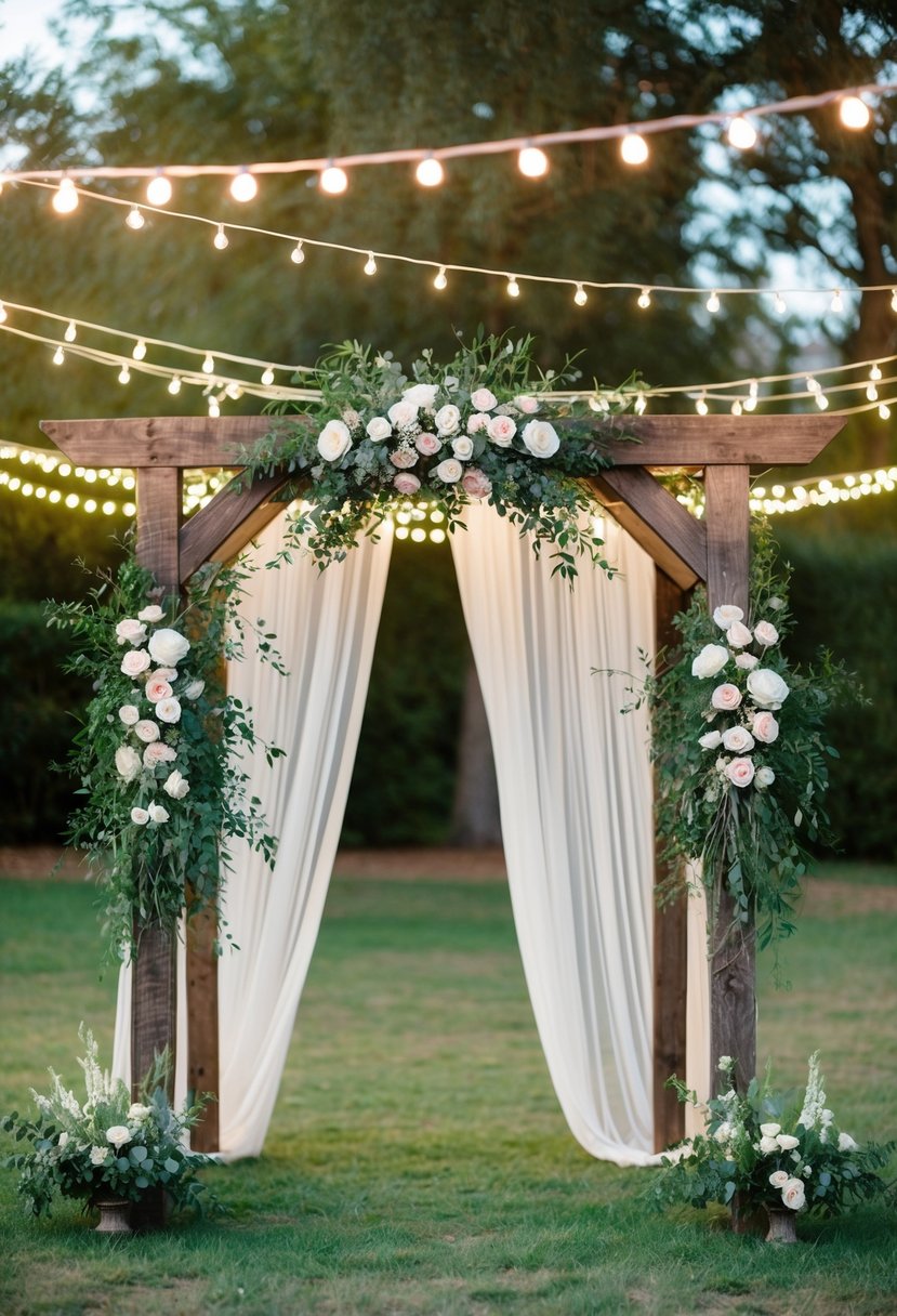 A rustic wooden arch adorned with flowers and greenery, surrounded by twinkling string lights and draped fabric