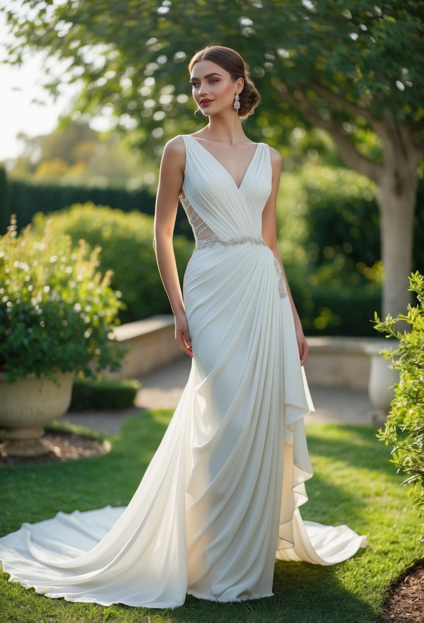 A Grecian draped gown in a garden setting, with flowing fabric and delicate details, evoking a sense of timeless elegance