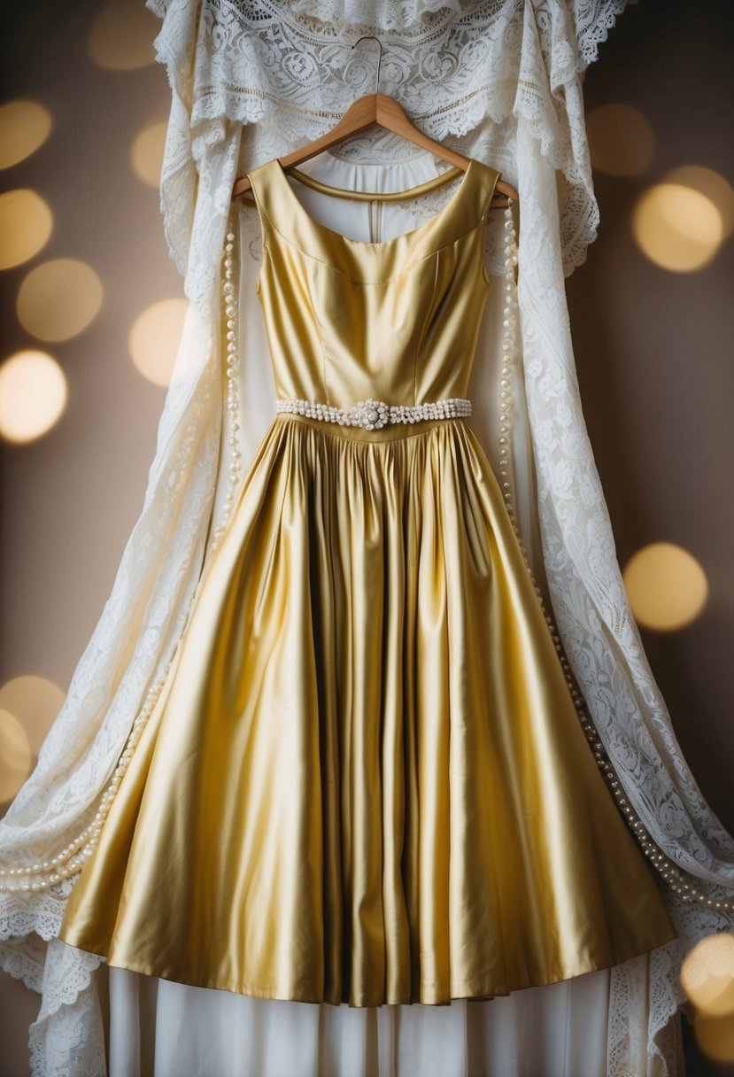 A vintage gold tea-length dress hangs on a mannequin, surrounded by lace and pearls