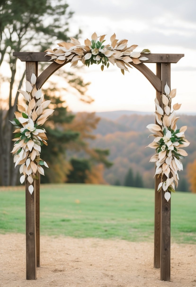 A rustic wooden arch adorned with ombre magnolia leaves, creating a stunning wedding backdrop