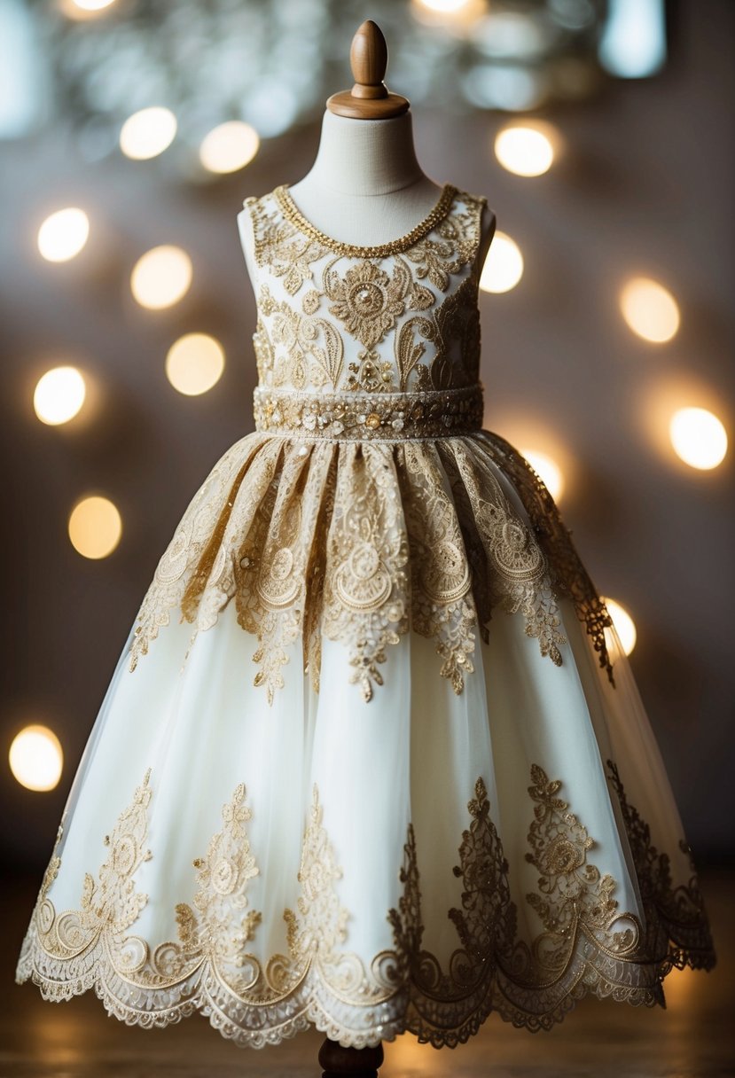 A gold and white lace dress with intricate details and a flowing silhouette, perfect for a kids' wedding attire