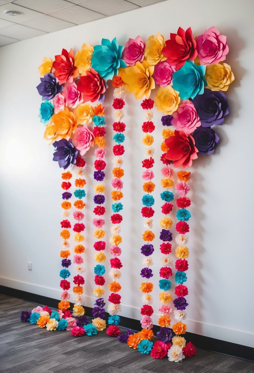 Vibrant paper flowers arranged in a cascading pattern against a white wall, creating a stunning wedding backdrop