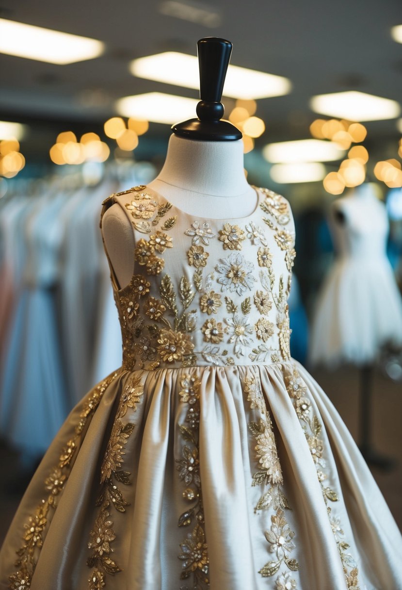 A shimmering gold floral embroidered dress on a child mannequin