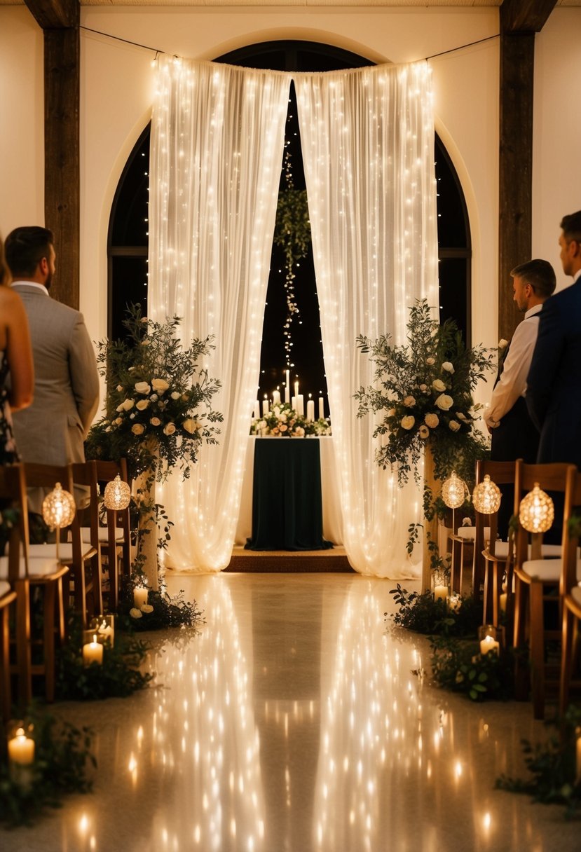 A fairy light curtain hangs behind a wedding altar, creating a magical backdrop for the ceremony