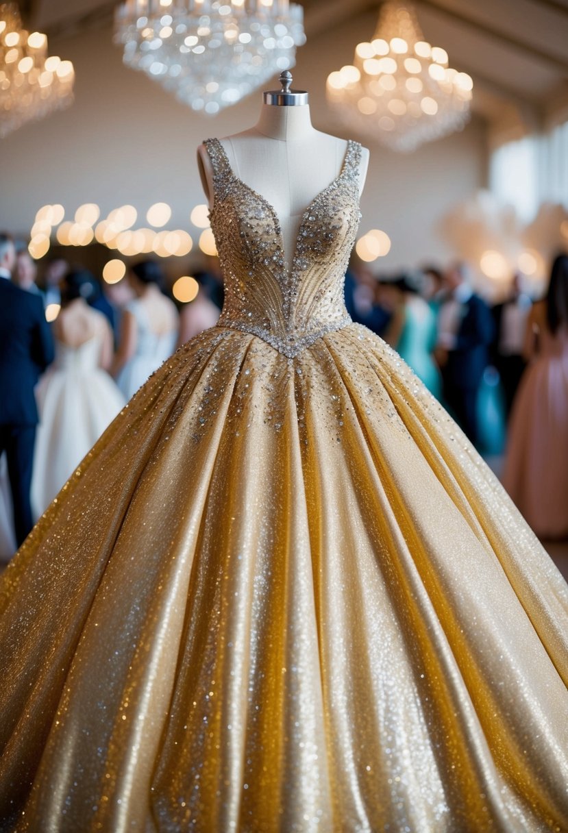 A sparkling gold ballgown adorned with shimmering details, fit for a royal wedding