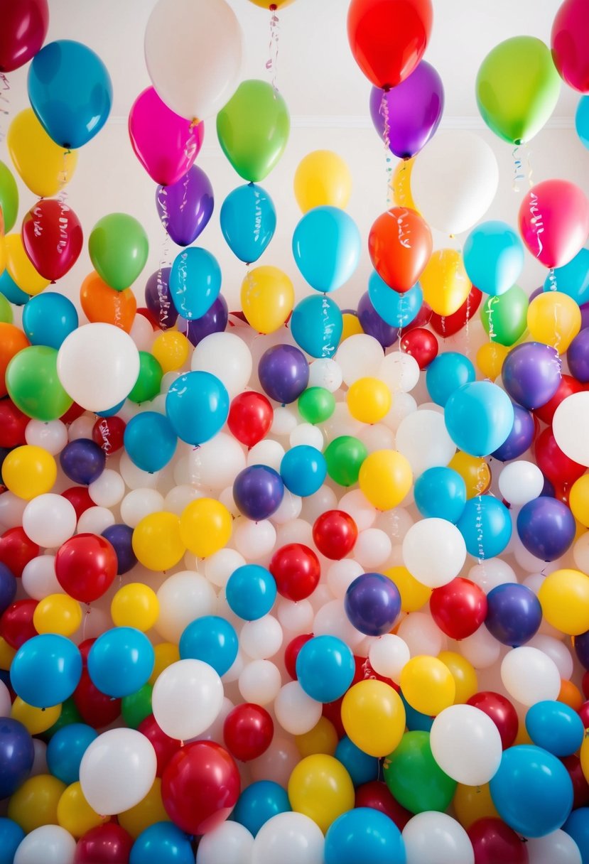 A whimsical wedding backdrop featuring an array of colorful balloons arranged in an artful installation