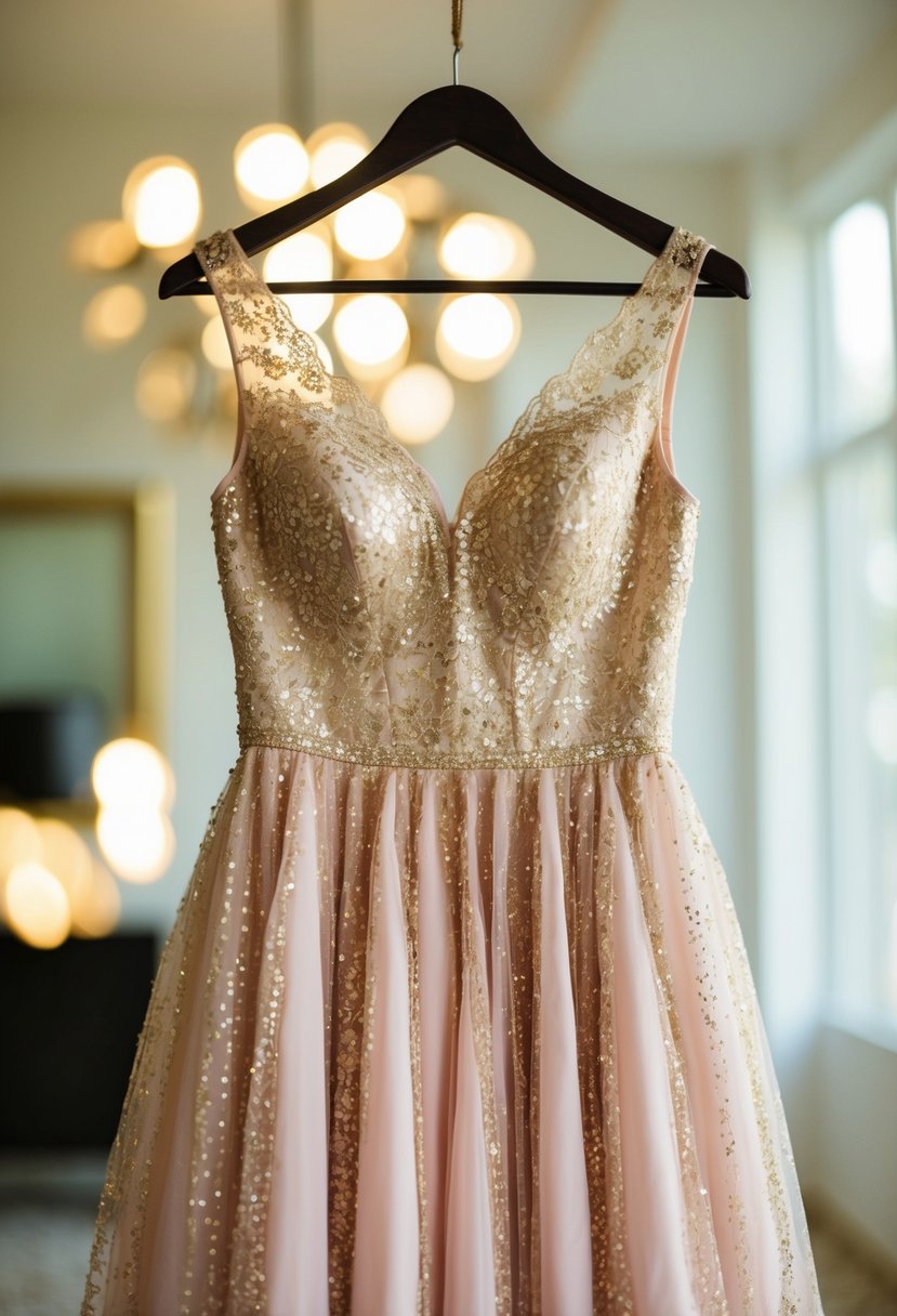 A shimmering gold and blush pink dress, adorned with delicate lace and sparkles, hangs from a hanger in a sunlit room