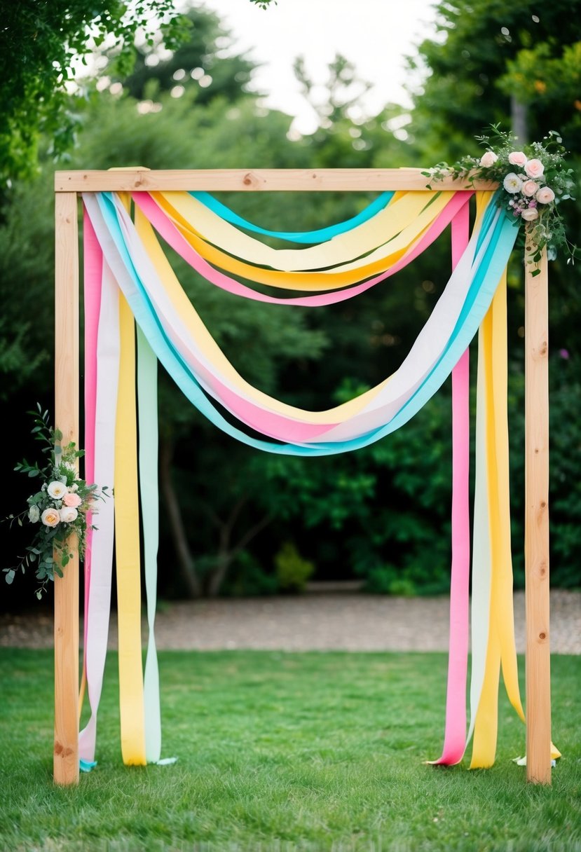 A garden setting with a wooden frame adorned with colorful crepe paper drapes, creating a whimsical and romantic backdrop for a DIY wedding