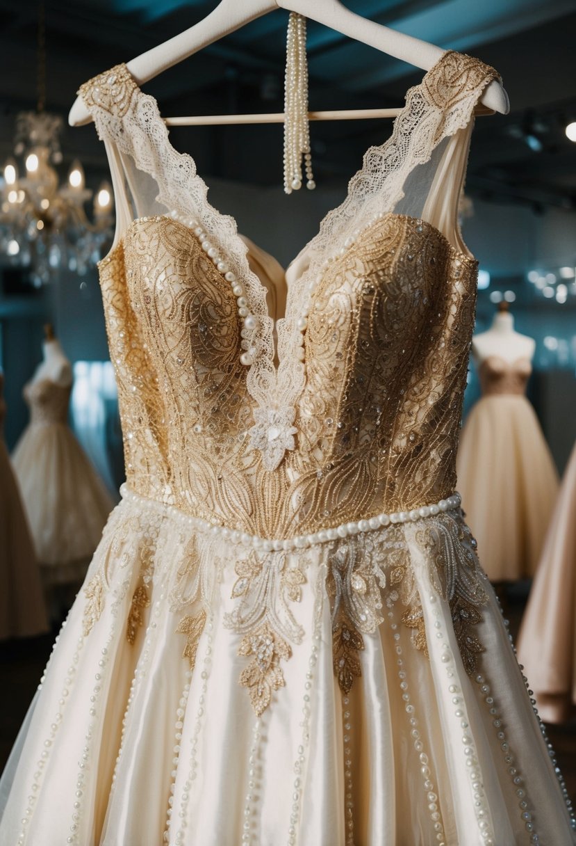 A shimmering gold and ivory dress with intricate lace details, adorned with delicate pearls and sequins, hanging on a vintage dress form