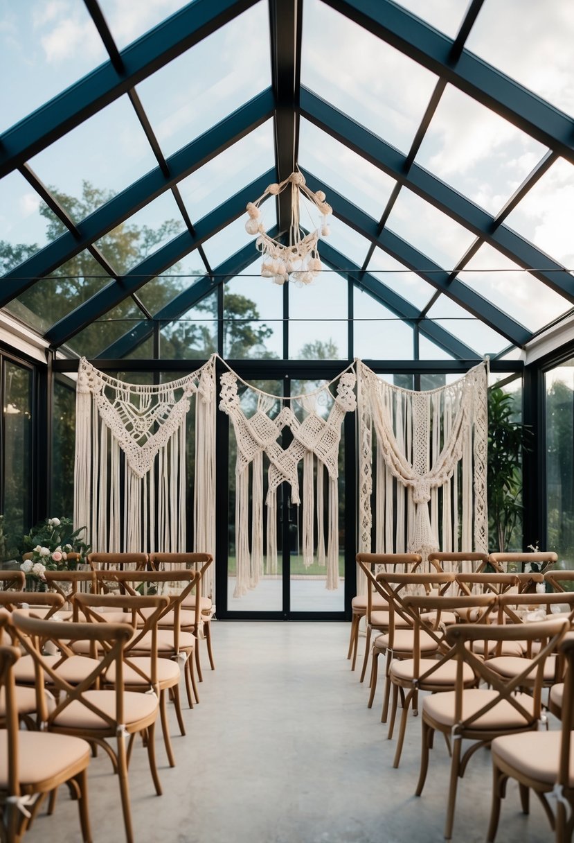 A glass house filled with macrame wedding backdrops