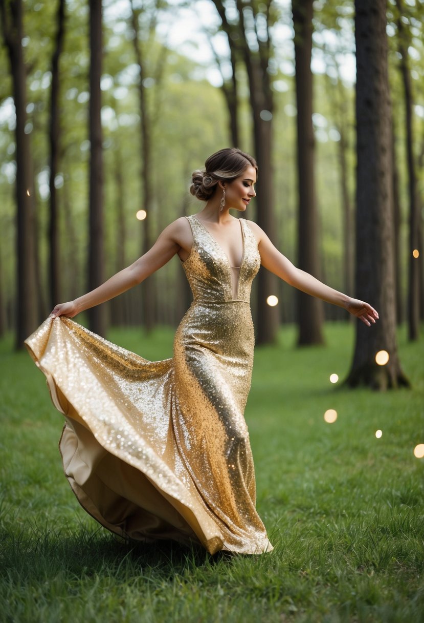 A shimmering gold dress adorned with sparkles, flowing in the breeze of a magical forest clearing