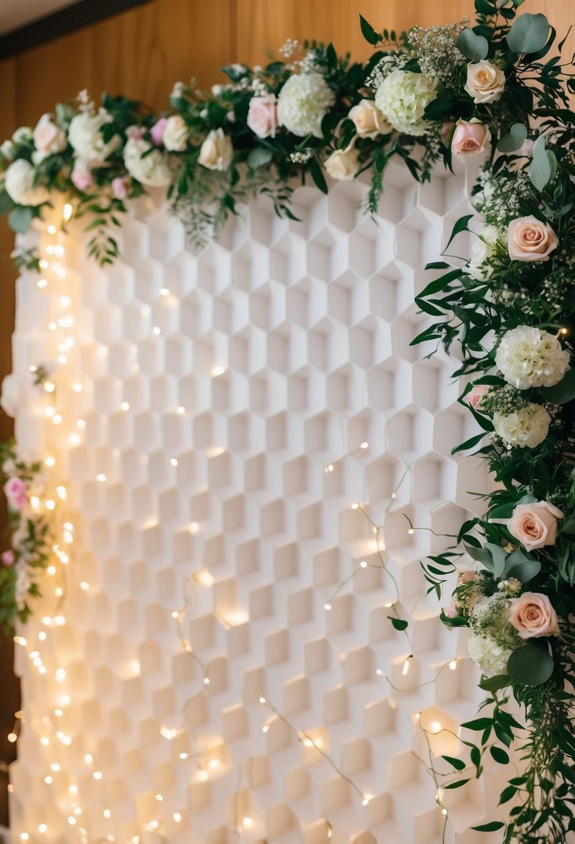 A wedding backdrop featuring a honeycomb photo booth wall with floral decorations and twinkling fairy lights