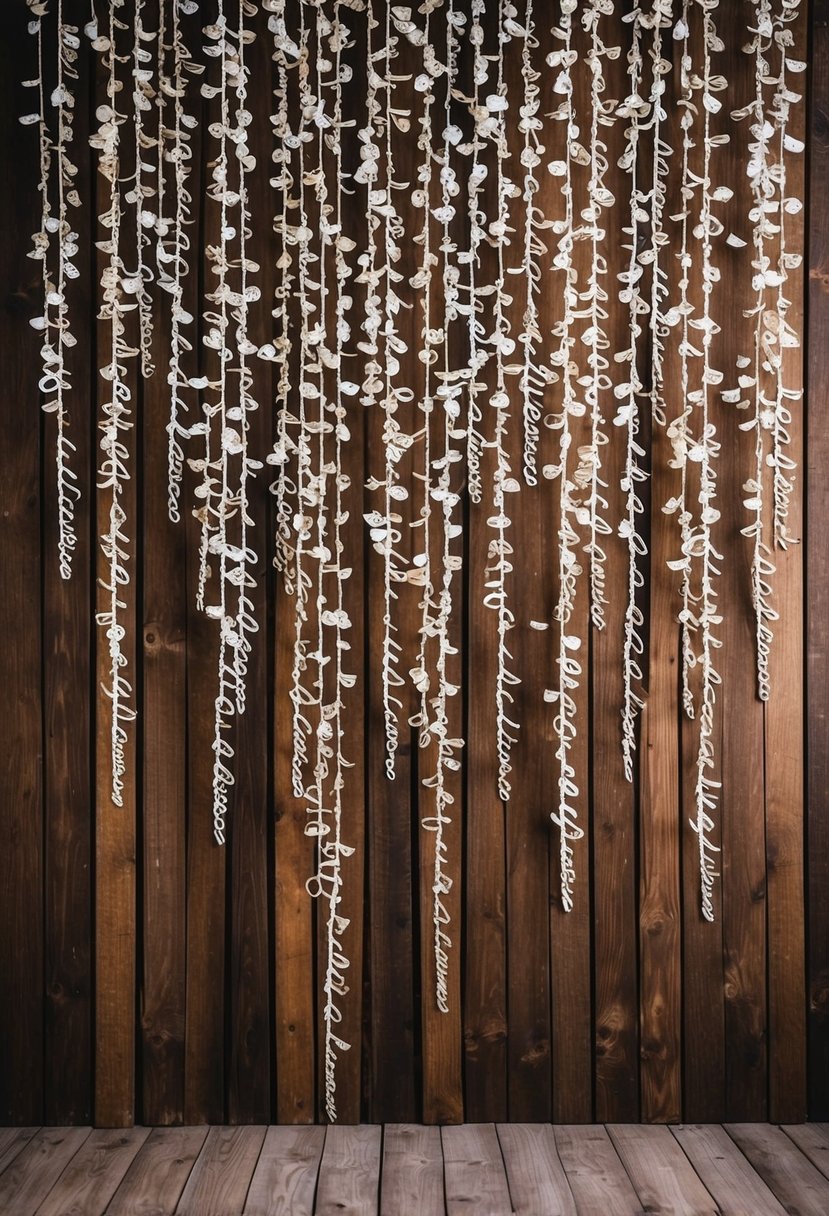 A rustic wooden backdrop adorned with cascading cursive words, creating a romantic and elegant atmosphere for a wedding