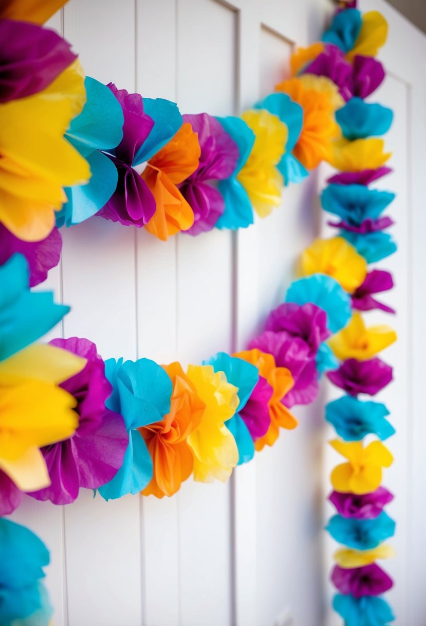 A colorful garland of tissue paper flowers hangs against a white backdrop, creating a vibrant and whimsical DIY wedding decoration