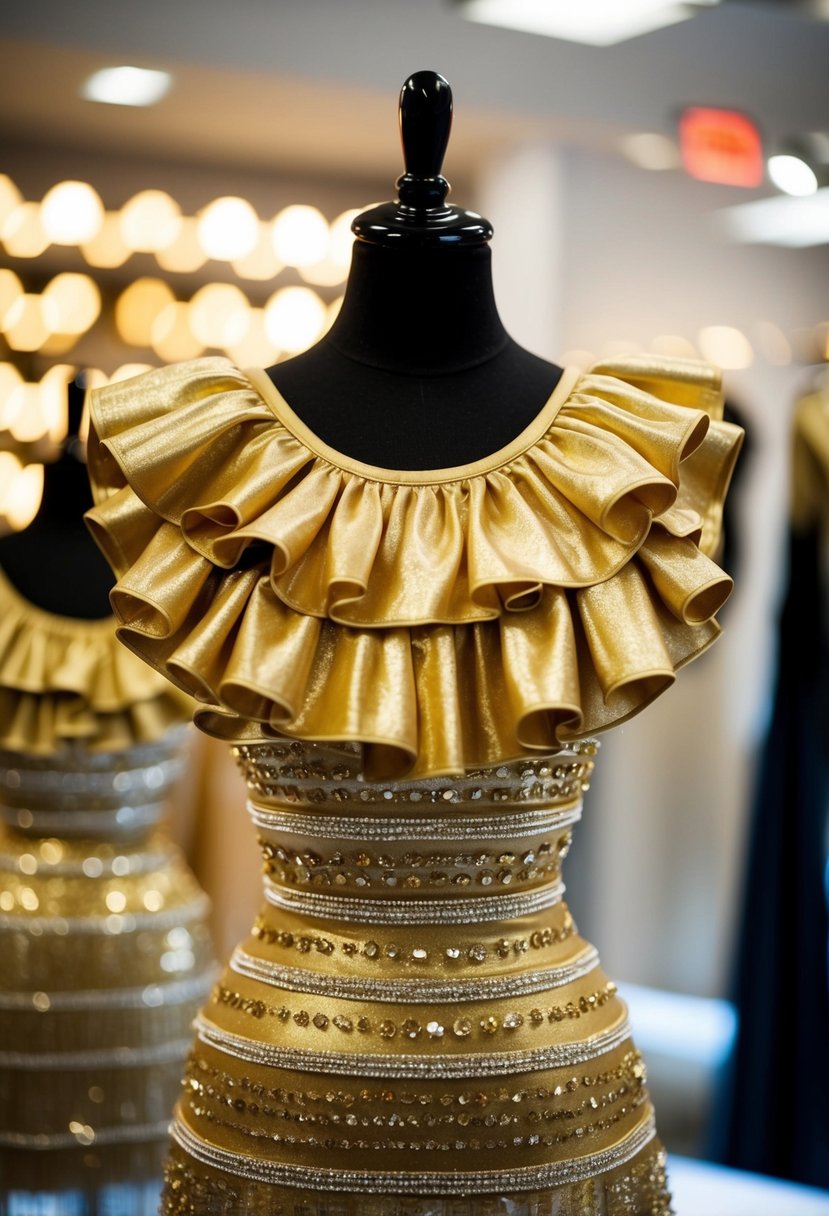 A shimmering golden layered ruffle dress displayed on a mannequin