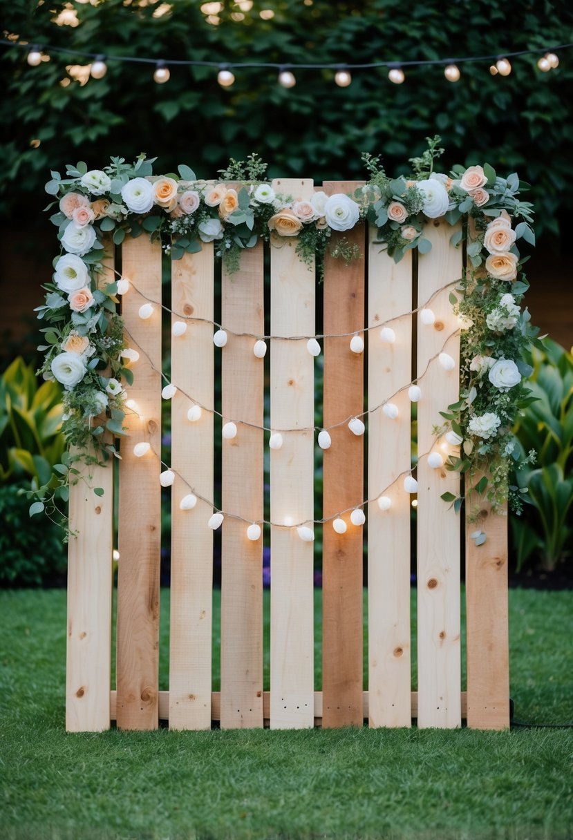 A rustic wooden pallet board backdrop adorned with flowers and fairy lights, set against a lush garden backdrop