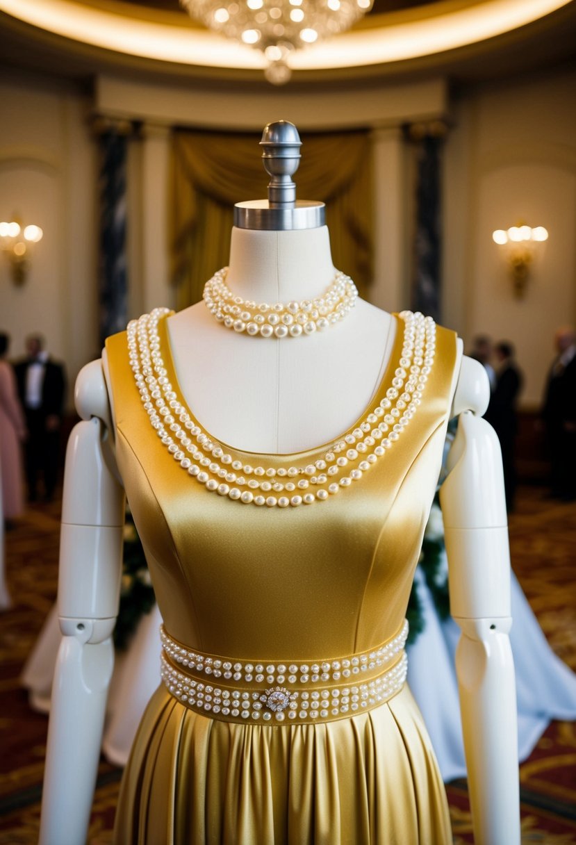 A gold dress with pearl accents displayed on a mannequin in a grand ballroom setting