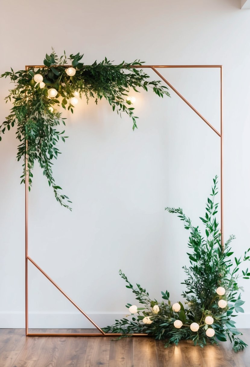 A geometric copper frame stands against a white wall, adorned with greenery and fairy lights, creating a modern and elegant wedding backdrop