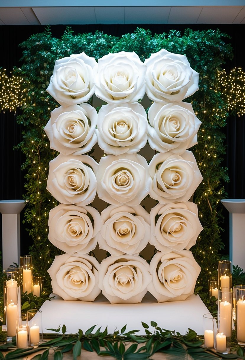 A giant white rose installation stands as a wedding backdrop, surrounded by twinkling lights and lush greenery