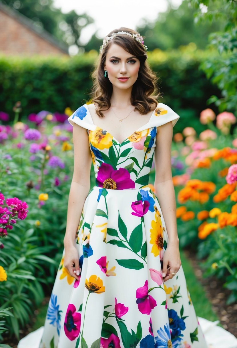 A bride in a nontraditional floral print wedding dress from the 2000s, surrounded by a garden of vibrant and unconventional blooms