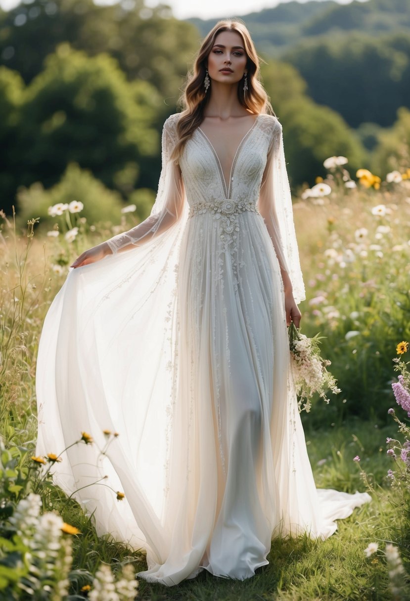 A flowing, ethereal bohemian maxi wedding dress adorned with delicate lace and intricate beading, set against a backdrop of lush greenery and wildflowers