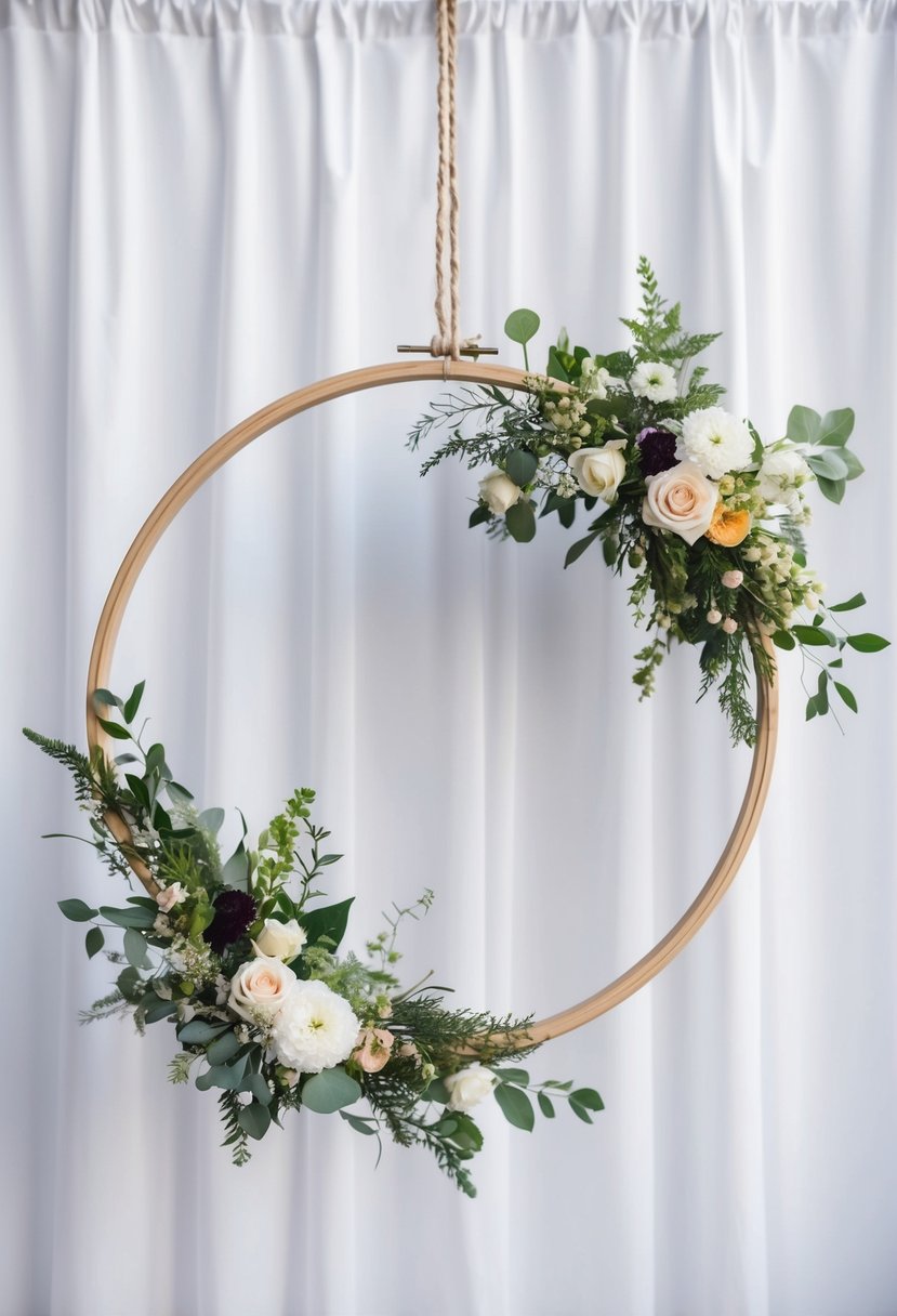 A wooden hoop adorned with various flowers and greenery, suspended against a white backdrop for a wedding DIY project