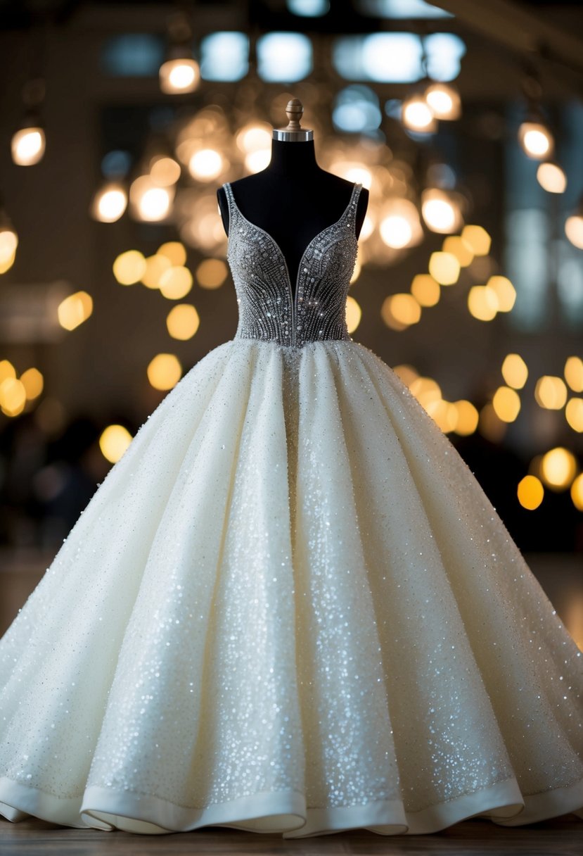 A modern ballgown wedding dress with sparkles, inspired by the 2000s era, featuring a voluminous skirt and intricate beading