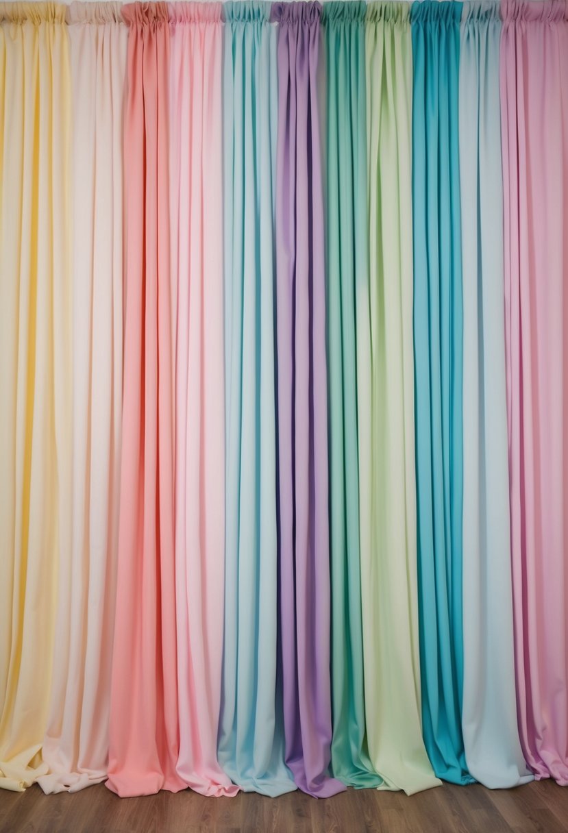 A backdrop of cascading fabric ribbon curtains in various pastel colors, creating a whimsical and romantic atmosphere for a DIY wedding