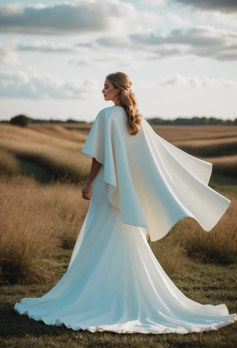 A flowing, floor-length wedding dress with a dramatic cape overlay billowing in the wind