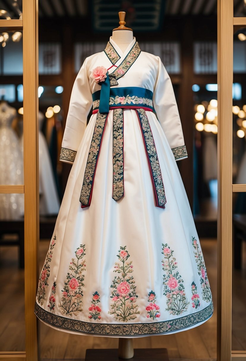 A traditional Korean wedding dress displayed on a wooden mannequin, adorned with intricate embroidery and delicate floral patterns