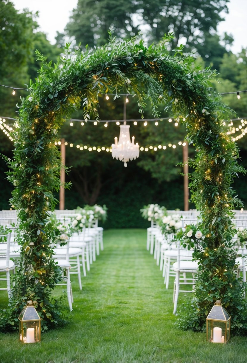 A lush greenery arch adorned with twinkling fairy lights creates a dreamy wedding backdrop