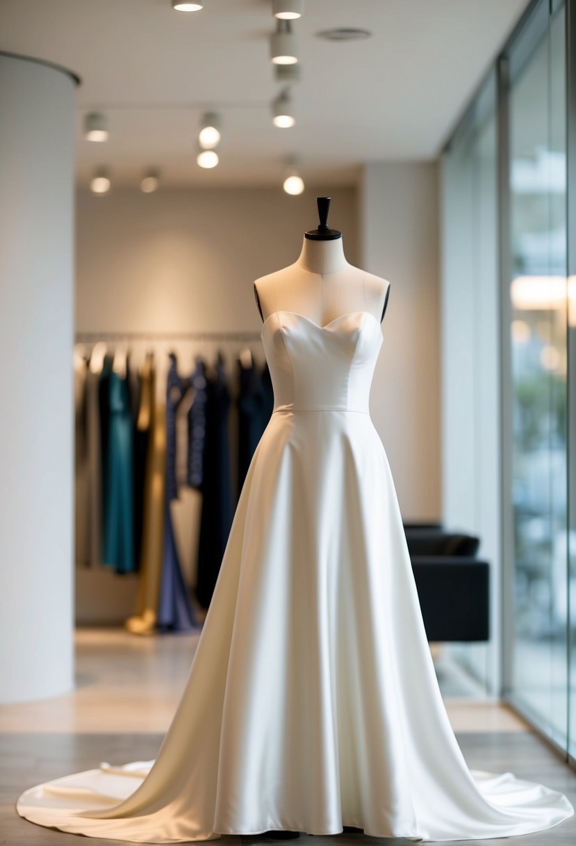 A minimalist satin 00s wedding dress displayed on a sleek mannequin in a softly lit, modern showroom