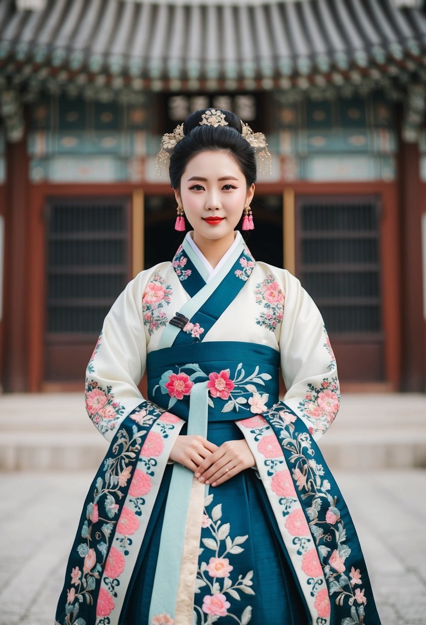 An ornate Hanbok with intricate floral embroidery, set against a traditional Korean wedding backdrop