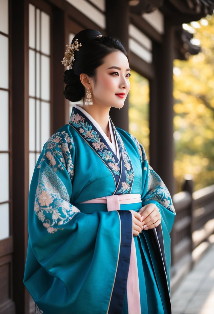 A silk Hanbok with a modern flair, featuring intricate embroidery and a blend of traditional and contemporary design elements