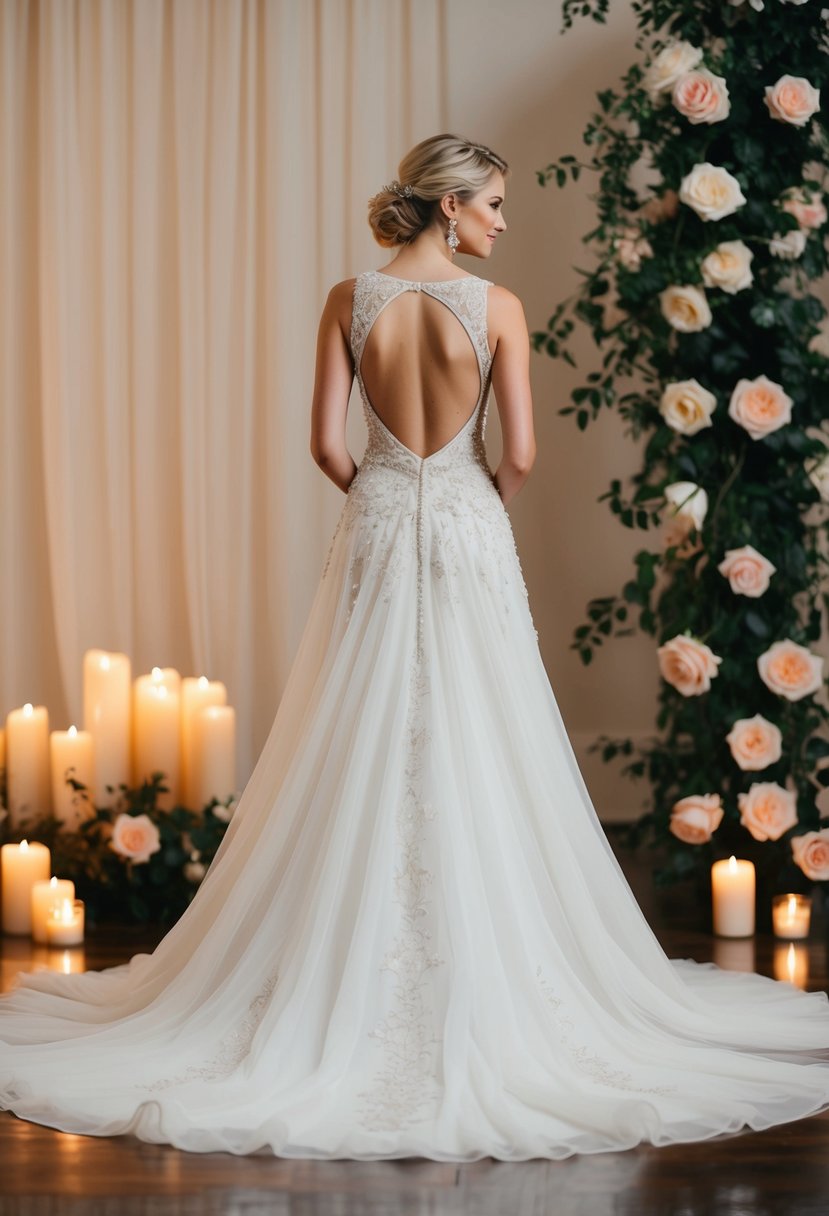 A flowing, open-back wedding dress from the 2000s, adorned with delicate lace and intricate beading, set against a backdrop of soft candlelight and blooming roses