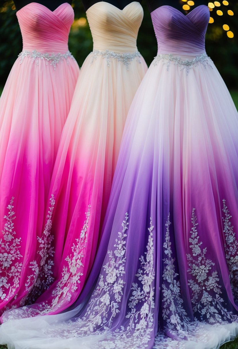 A flowing, strapless wedding dress fades from vibrant pink to soft purple, with delicate embroidery and sparkling sequins cascading down the skirt