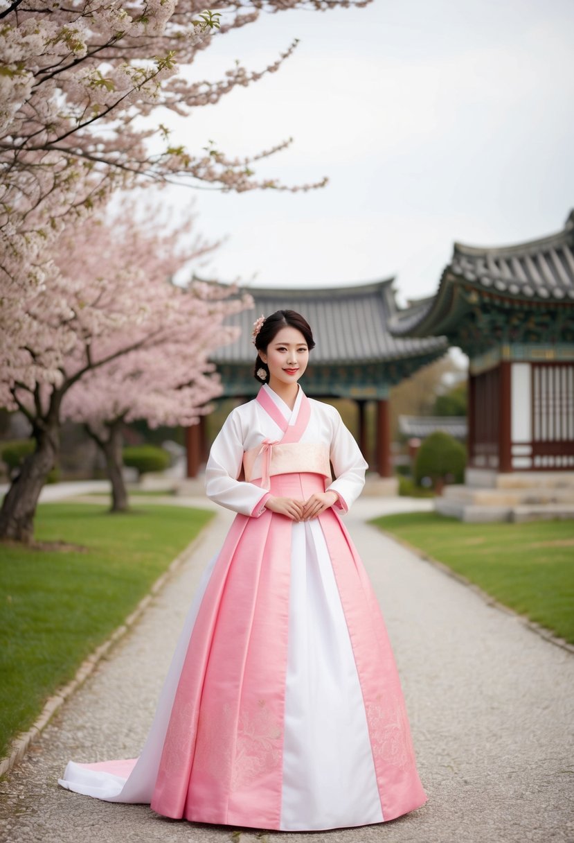 A bride in a white and pink Hanbok, standing in a serene garden adorned with cherry blossoms and traditional Korean architecture