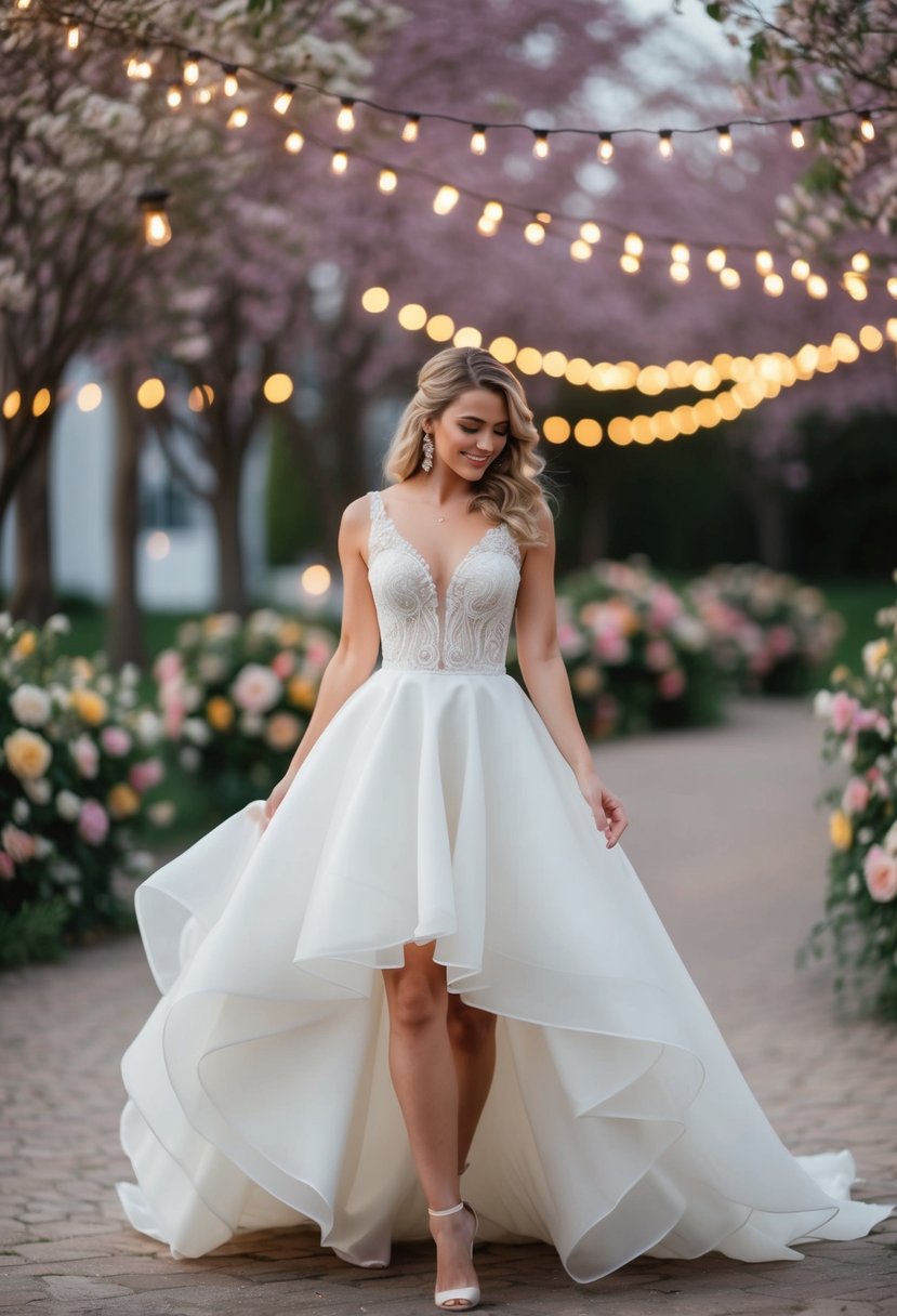 A bride twirls in a flirty high-low hemline wedding dress, surrounded by blooming flowers and twinkling lights