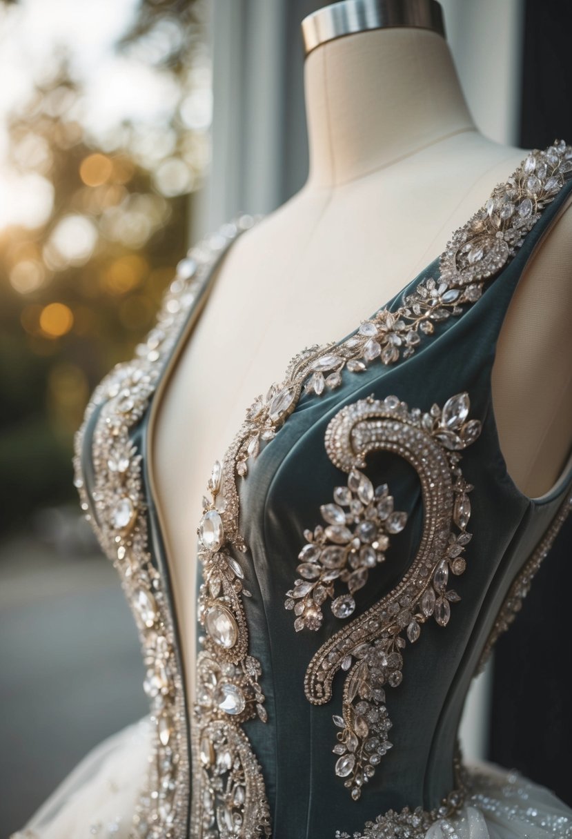 A close-up of a 00s wedding dress with intricate velvet detailing and opulent embellishments