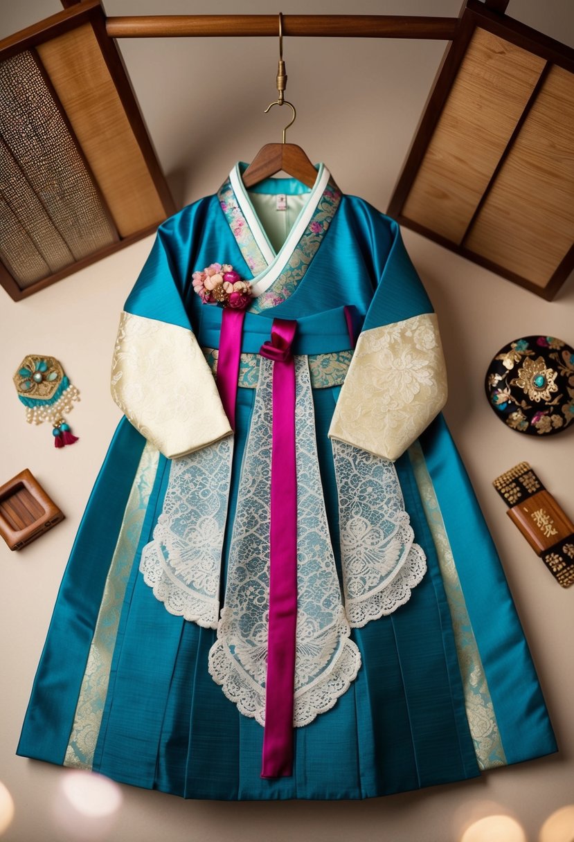 A handcrafted Hanbok adorned with vintage lace hangs on a wooden hanger, surrounded by traditional Korean wedding accessories