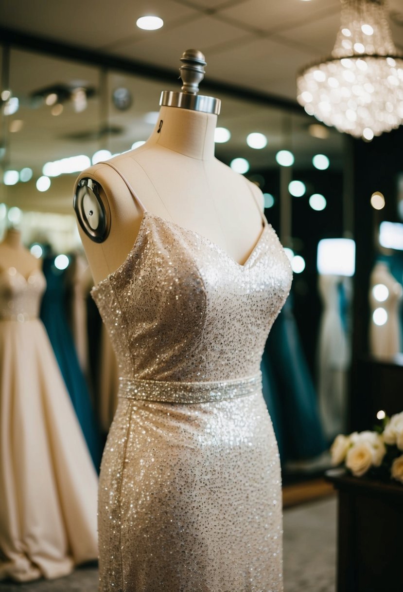 A sparkling 00s wedding dress with sequin finish, draped on a mannequin in a dimly lit bridal boutique