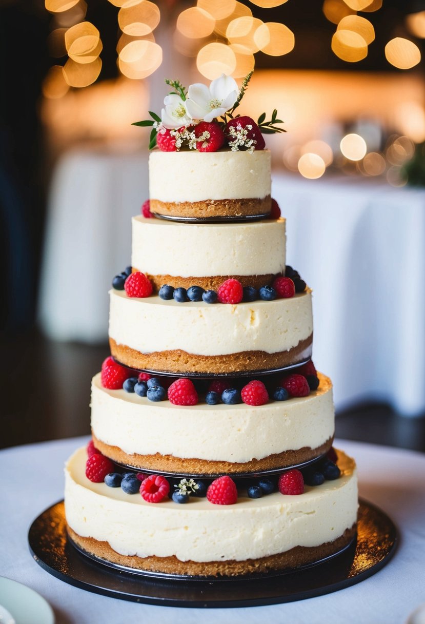 A three-tiered wedding cake made of stacked cheesecakes, adorned with fresh berries and delicate edible flowers