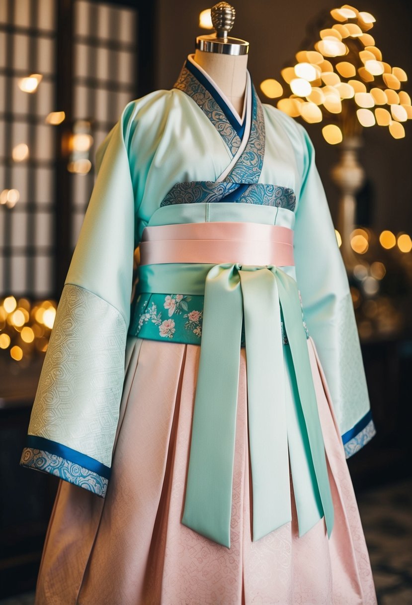 A pastel hanbok with intricate ribbon details, displayed on a vintage mannequin