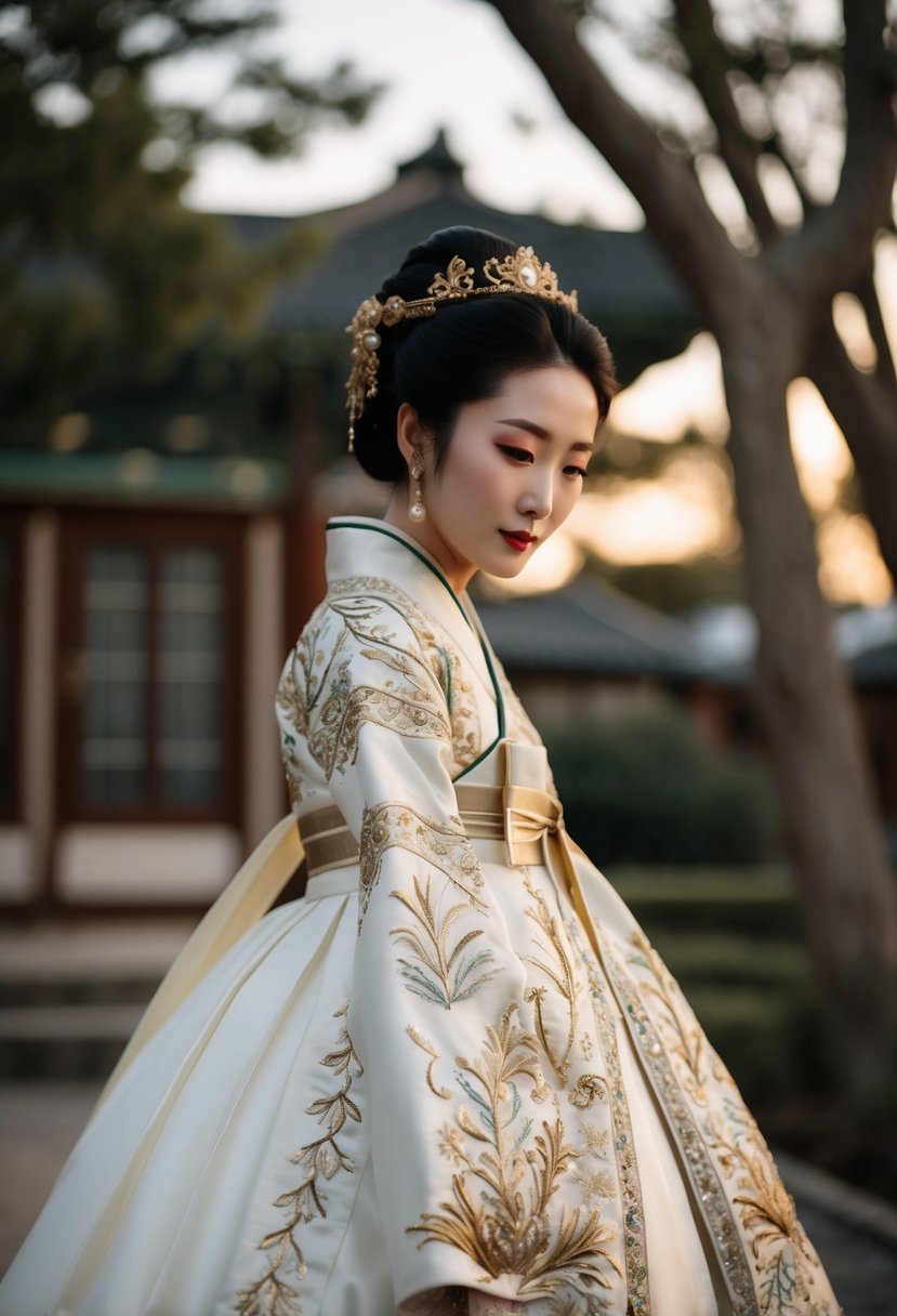 A vintage Korean wedding dress with intricate gold thread embroidery