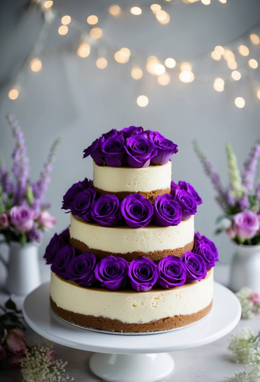 A three-tiered cheesecake adorned with purple roses sits on a white stand, surrounded by delicate floral decorations