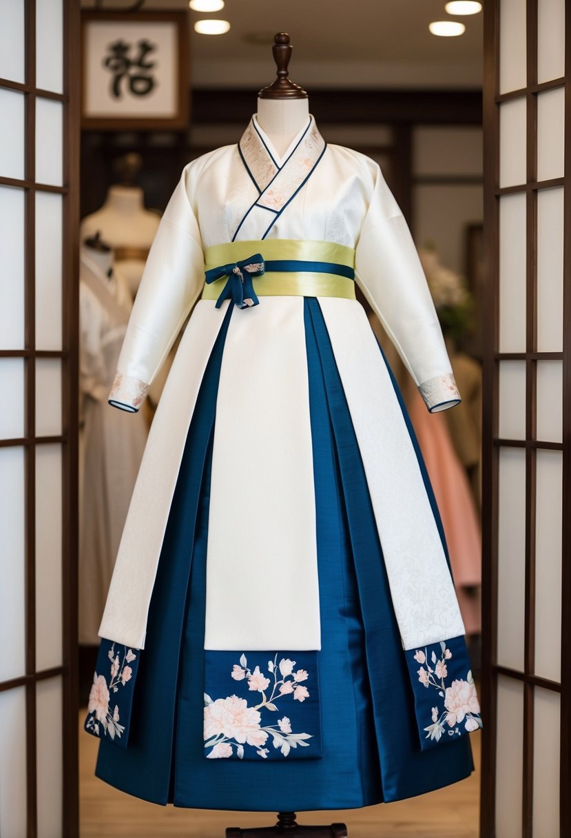 A classic white Hanbok with layered skirts displayed on a vintage wooden dress form