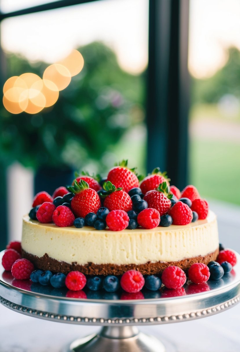 A decadent cheesecake adorned with a vibrant assortment of fresh berries, sitting atop a tiered wedding cake stand